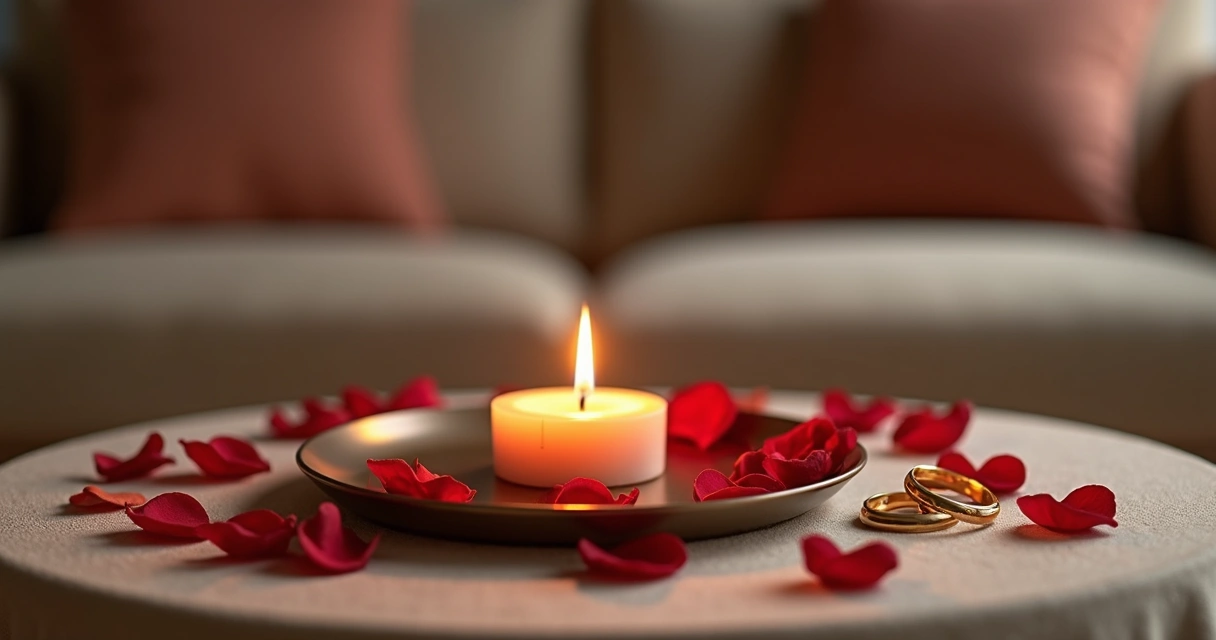 Vela aromática acesa em um ambiente romântico com pétalas de rosa ao redor