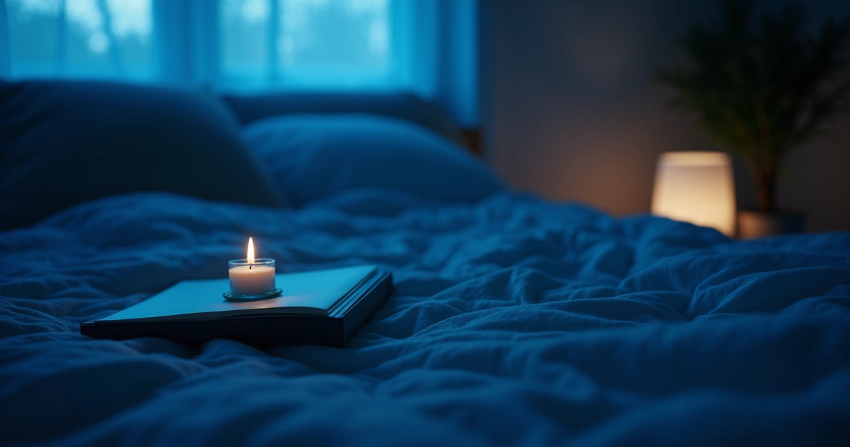 Vela azul acesa ao lado de cama em ambiente noturno 