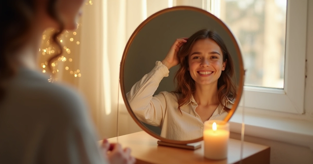 Vela branca acesa ao lado de espelho refletindo pessoa sorrindo 