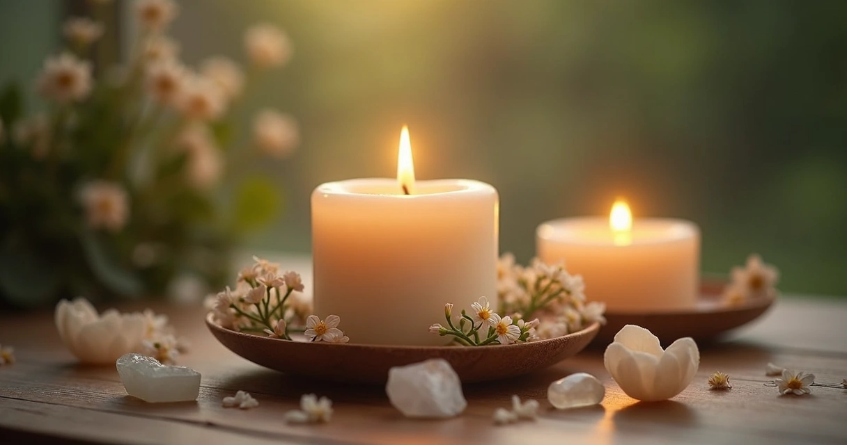 Vela branca acesa sobre mesa com cristais e flores 