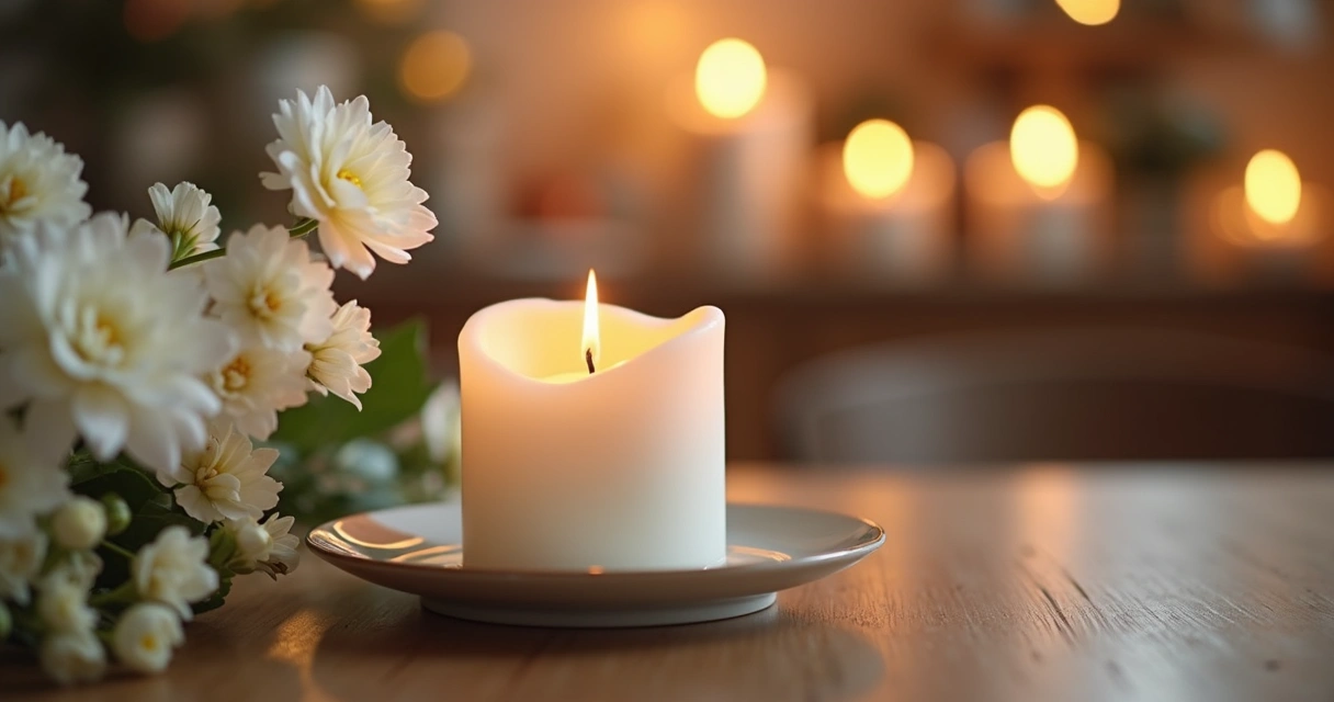 Vela branca acesa em um pires, ao lado de flores brancas
