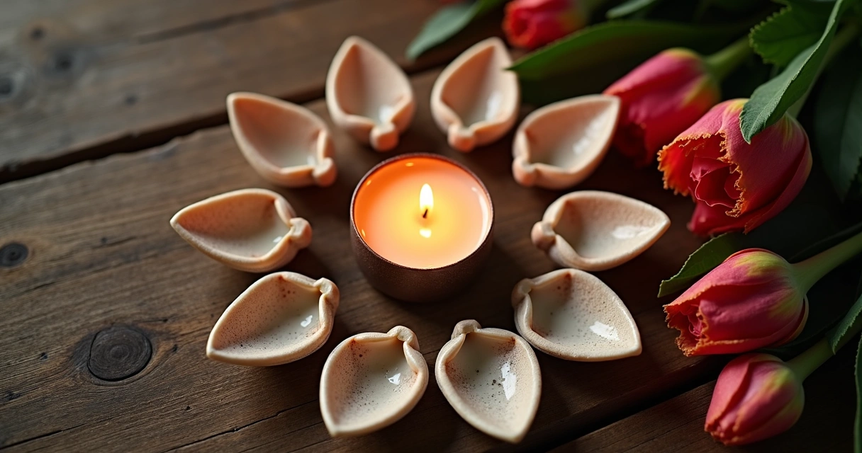 Mesa de madeira com vela acesa, búzios espalhados e flores ao lado. 