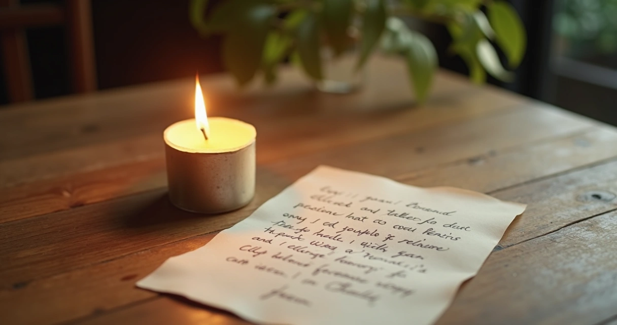 Vela acesa e carta sobre mesa de madeira 