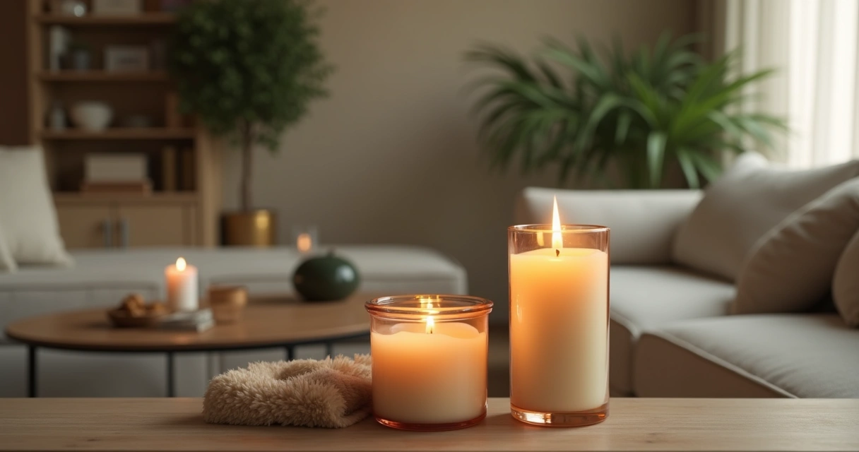 Vela de cera vegetal acesa em ambiente refinado