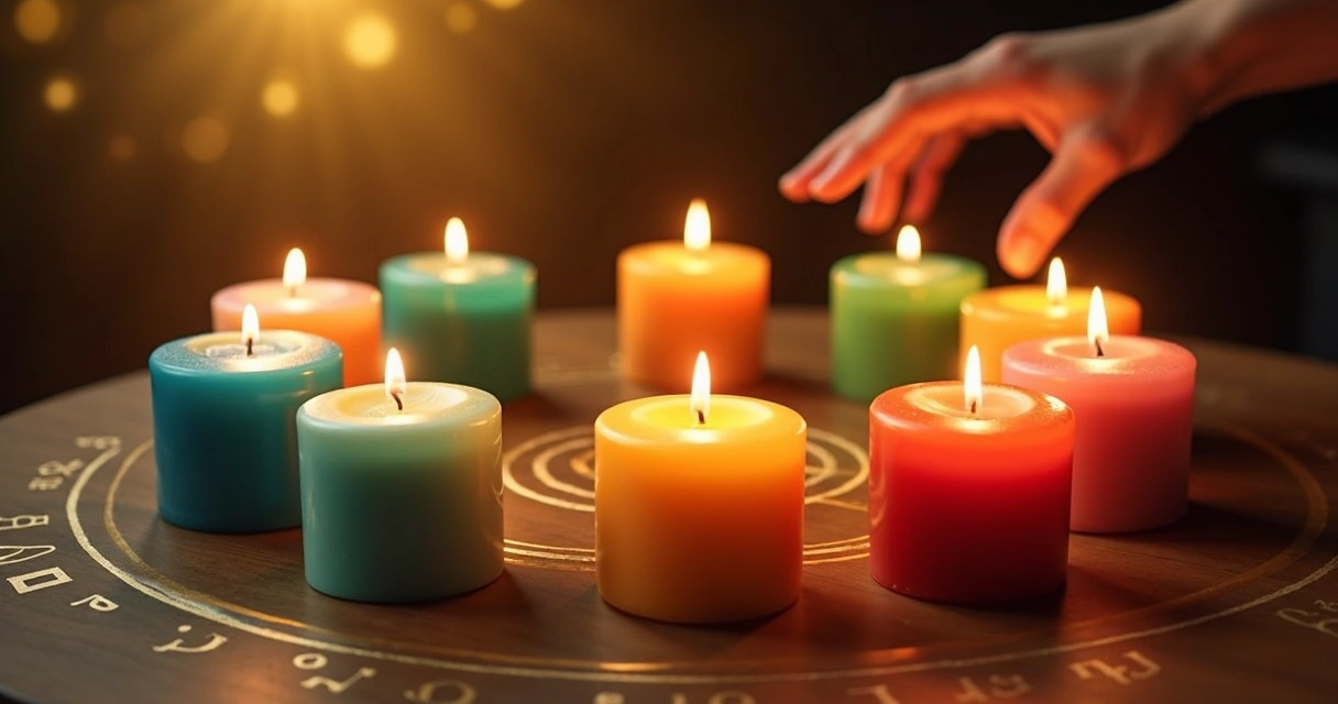 Velas coloridas organizadas para ritual com fundo escuro e luz suave 