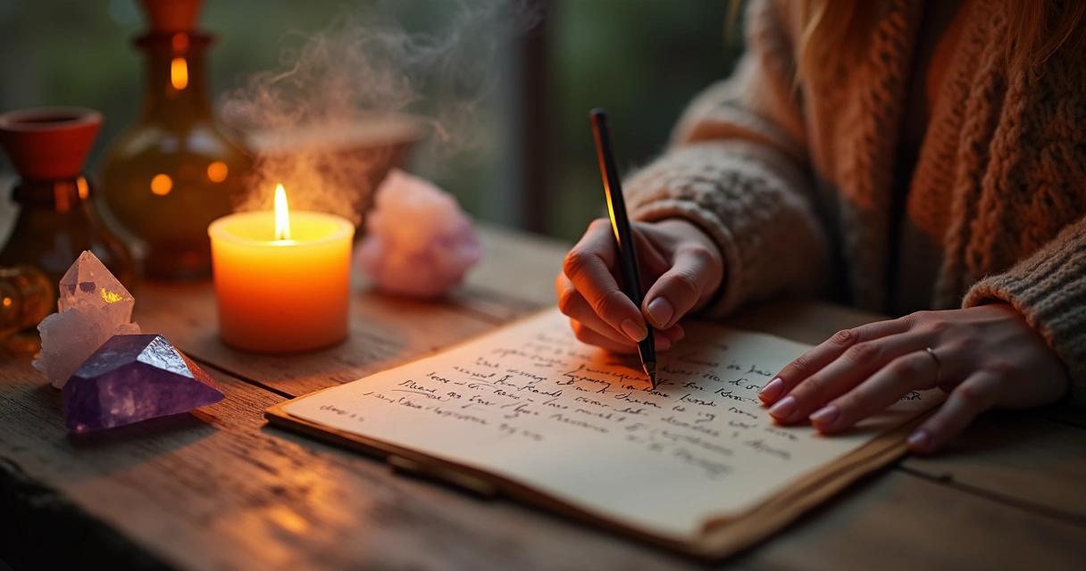 Mesa com vela acesa e cristais ao lado de papéis escritos sendo queimados 