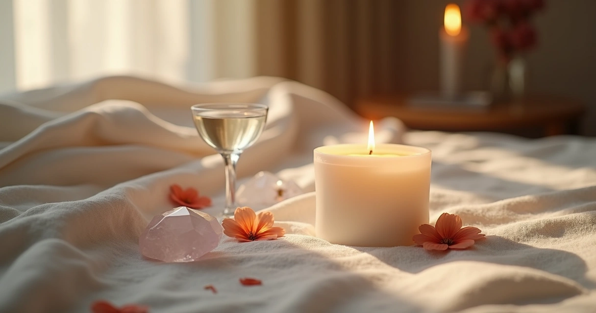 Vela branca acesa, cristal e copo de água sobre toalha clara 