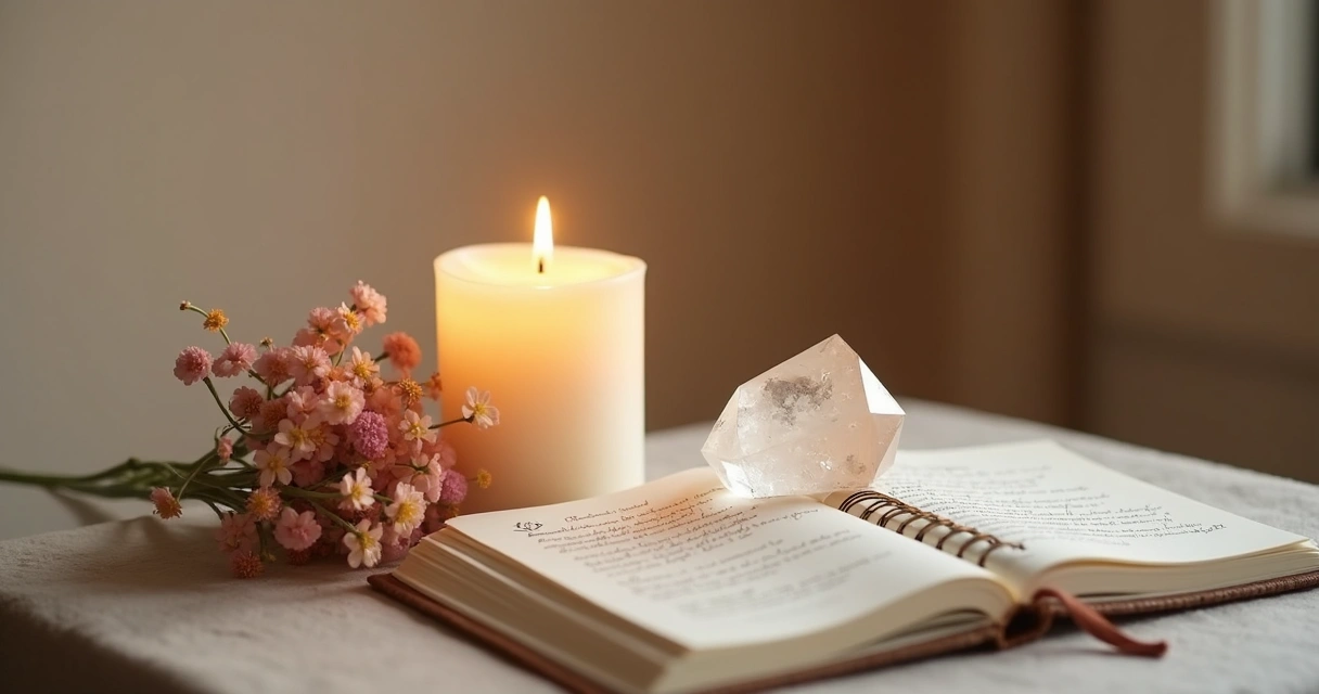 Vela branca acesa com cristal ao lado em ambiente suave de ritual 