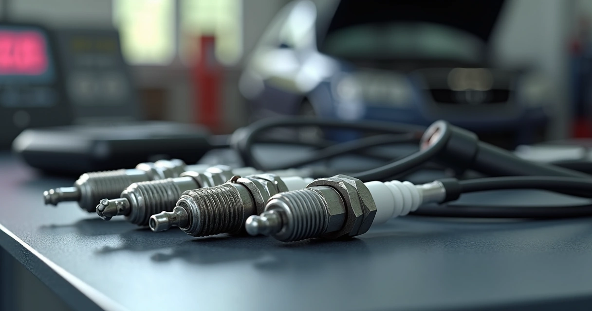 Velas e cabos de ignição de carro sobre bancada com ferramentas automotivas ao fundo 