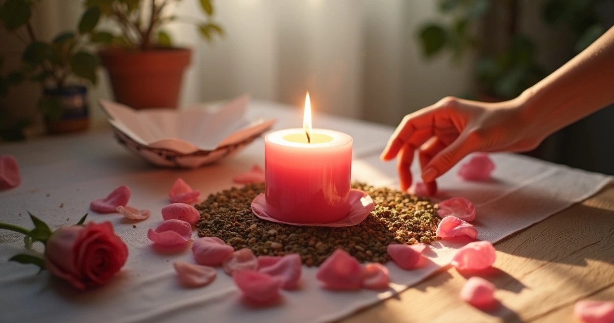 Vela acesa com ervas em círculo e pétalas de rosa 