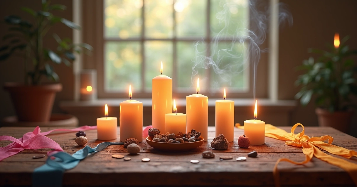 Velas, incenso e fitas coloridas em ritual espiritual 