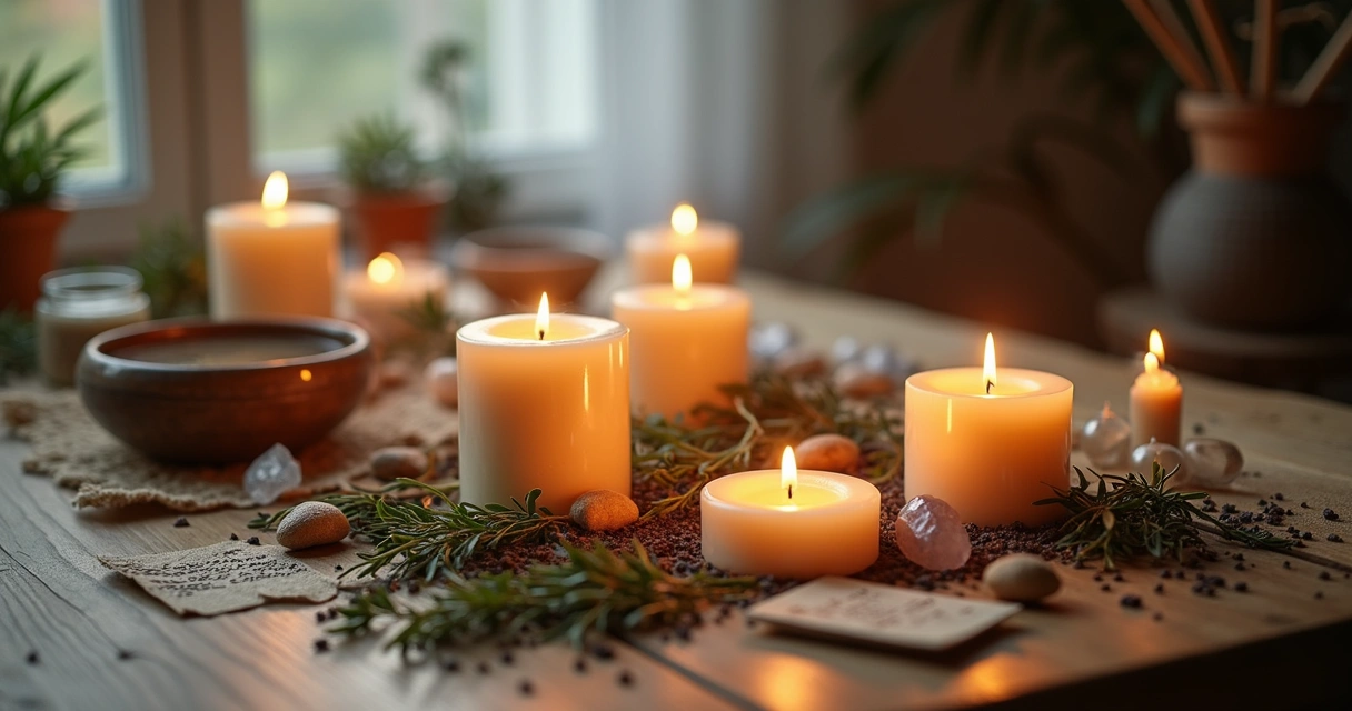 Velas acesas com ervas em uma mesa de madeira 