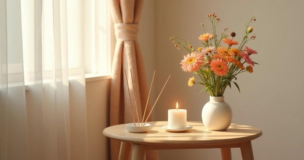 Mesa com vela acesa, vaso de flores e incensos ao lado 