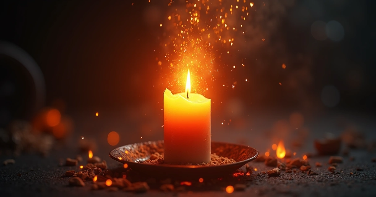 Uma vela acesa em tons vibrantes, com faíscas e um fundo escuro, representando energia do fogo em rituais 