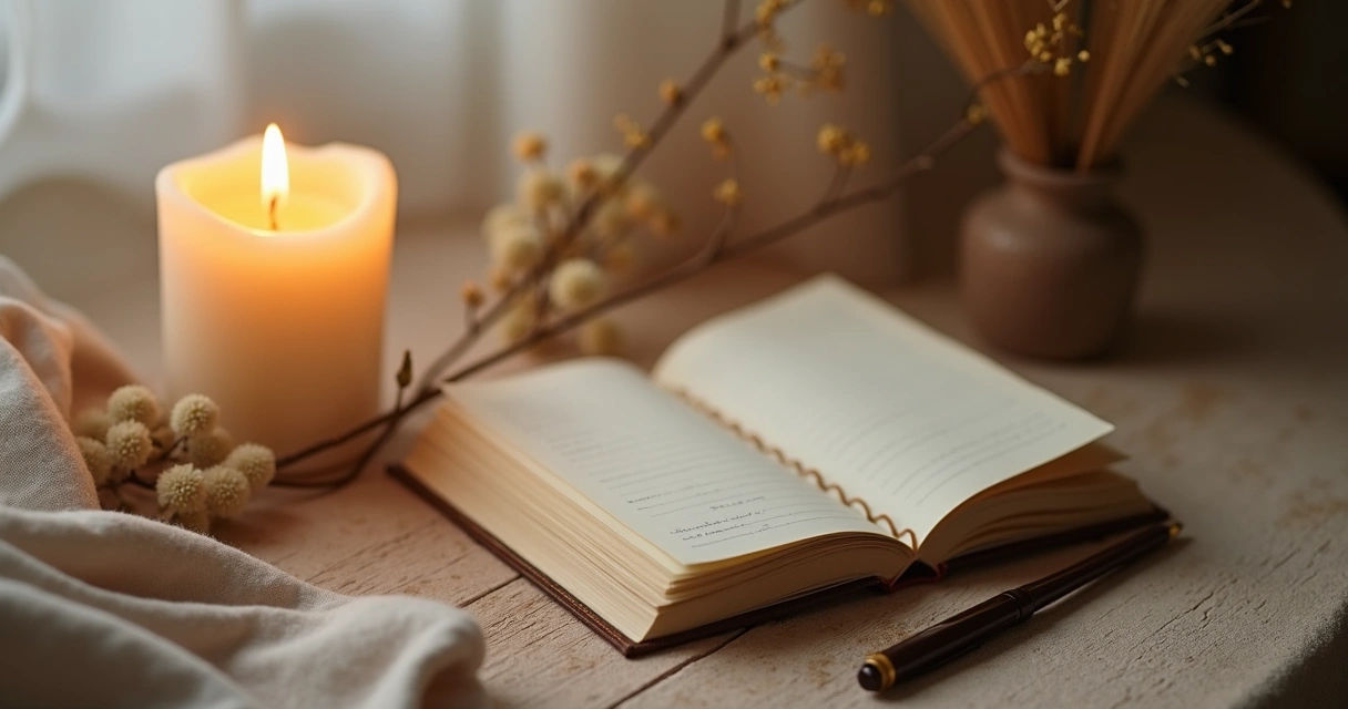Vela encendida junto a un cuaderno, con luz suave y fondo tranquilo. 