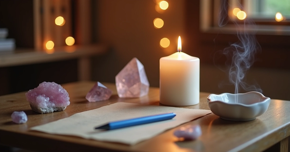 Vela branca acesa em mesa preparada para ritual de gratidão 