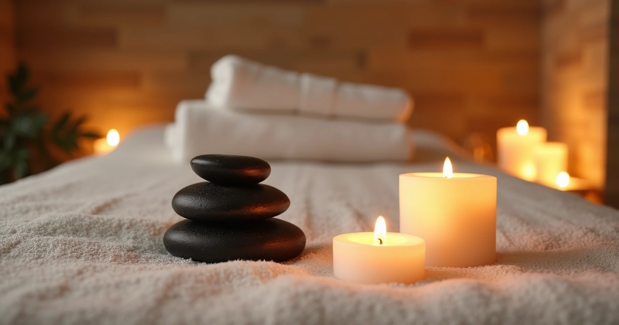 Mesa de massagem com velas aromáticas, pedras e toalhas brancas 