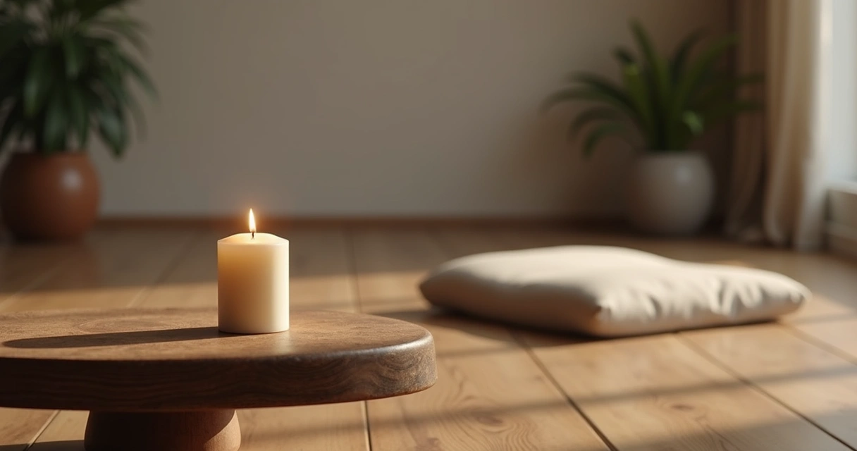 Vela encendida sobre mesa de madera en un espacio de meditación tranquilo