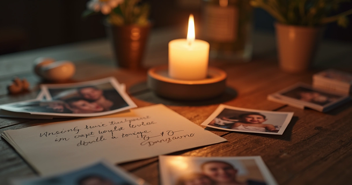 Vela acesa e fotos sobre uma mesa em sinal de homenagem 