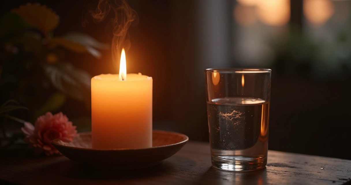 Chama de vela acesa em ambiente escuro com copo de água ao lado 