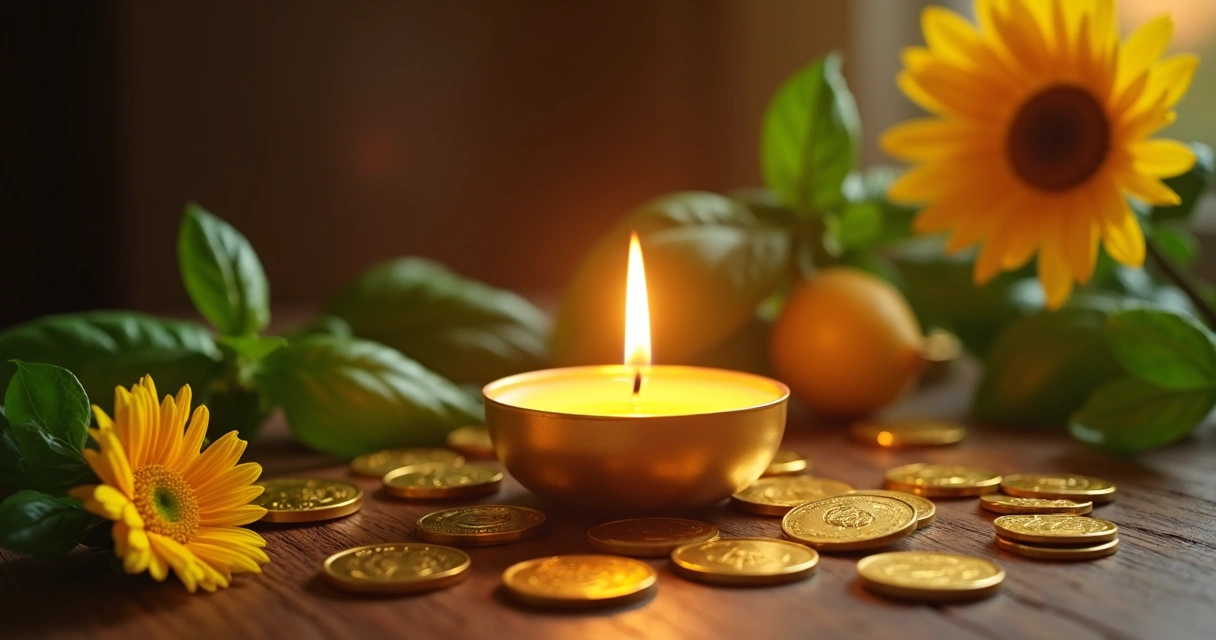 Vela dourada acesa ao lado de moedas e flores 