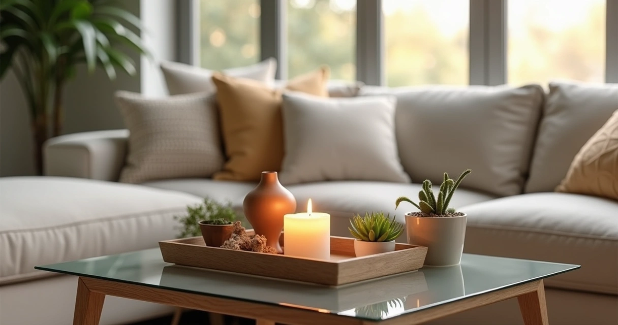 Vela decorativa queimada sobre mesa de centro moderna 