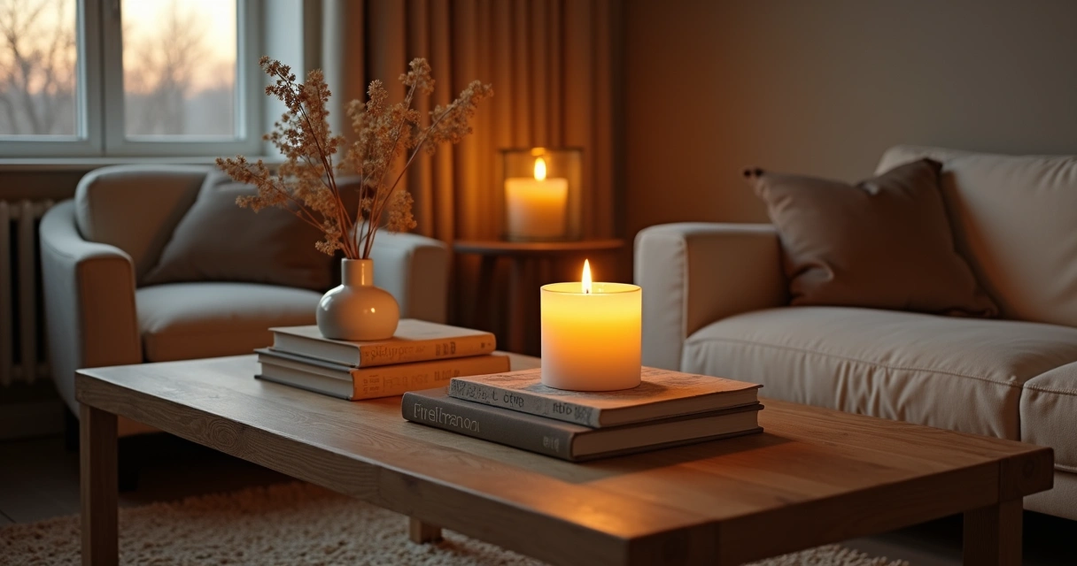 Vela aromática acesa em sala de estar decorada 