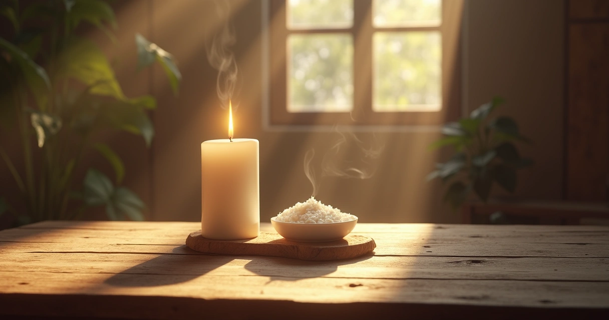 Vela branca acesa sobre mesa de madeira, luz suave ao redor 