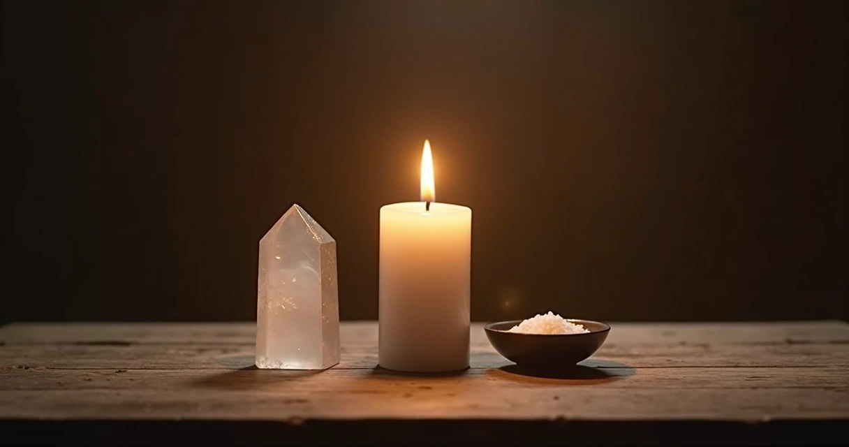 Vela branca acesa sobre mesa de madeira. 