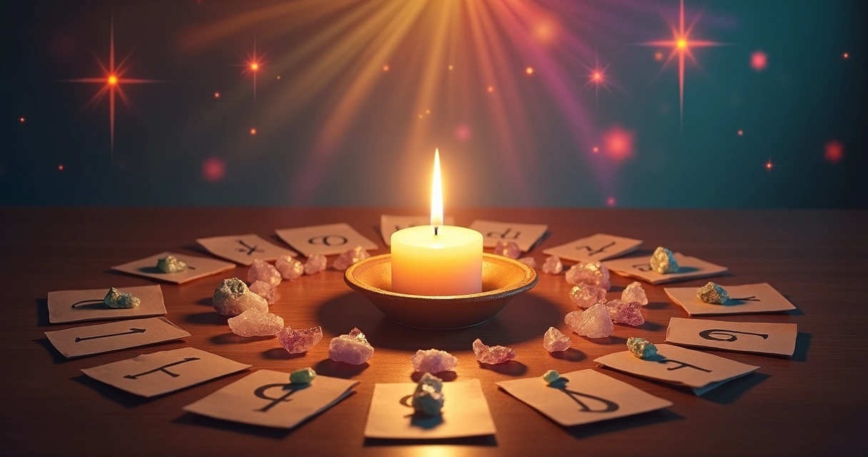 Vela acesa colorida com fundo místico e elementos numerológicos 