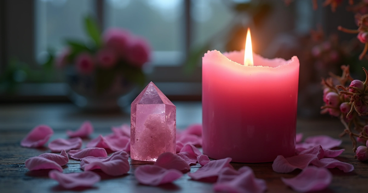 Vela rosa acesa ao lado de cristal rosa e pétalas de rosa sobre mesa de madeira 
