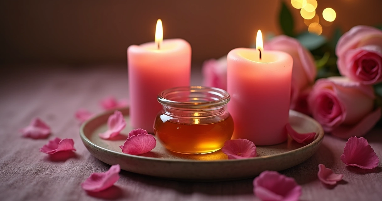 Duas velas rosas acesas lado a lado com pote de mel ao centro 