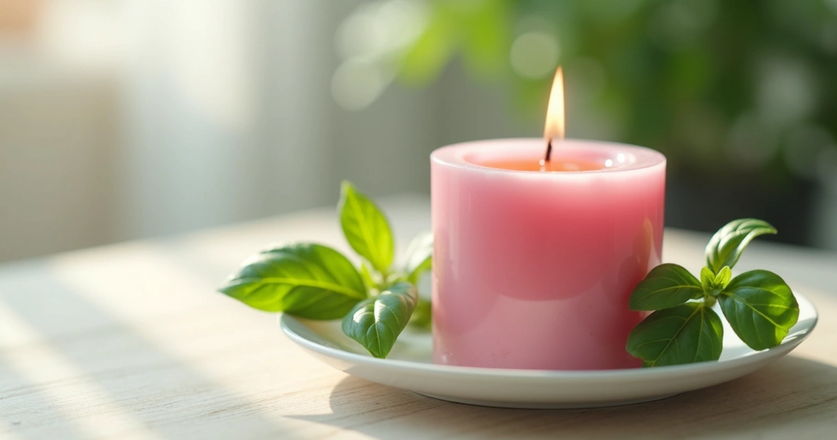 Vela rosa e folhas de manjericão sobre prato branco 