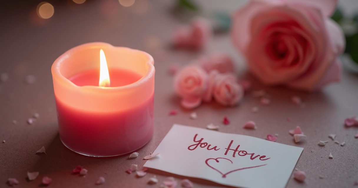 Vela cor de rosa acesa ao lado de um papel com nomes e coração escritos 