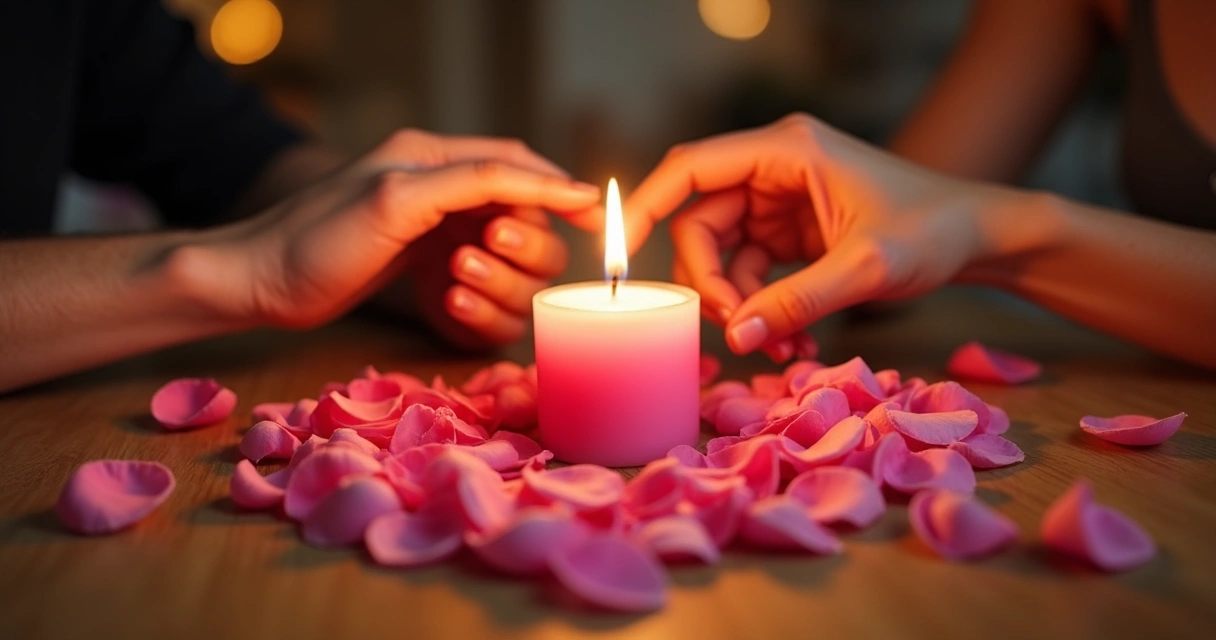 Vela rosa acesa com pétalas de rosa em círculo 