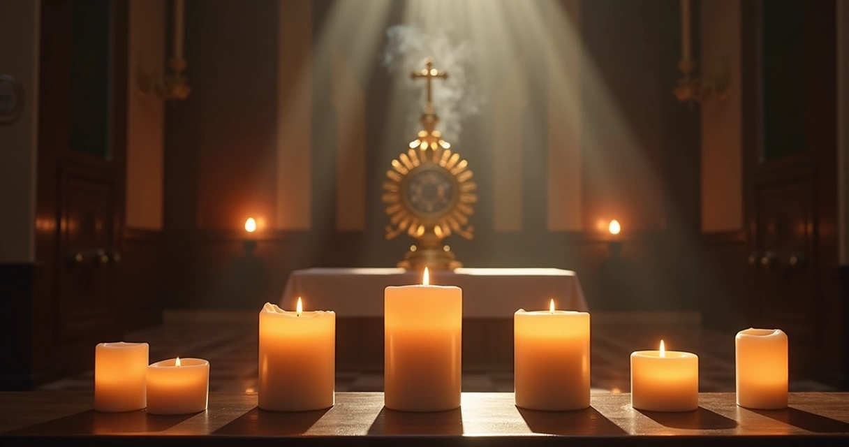 Velas acesas diante de altar na capela em intenção pelas almas 