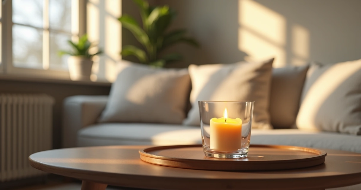 Vela aromática acesa em vaso de vidro sobre mesa de madeira em ambiente interno com luz natural e decoração minimalista 