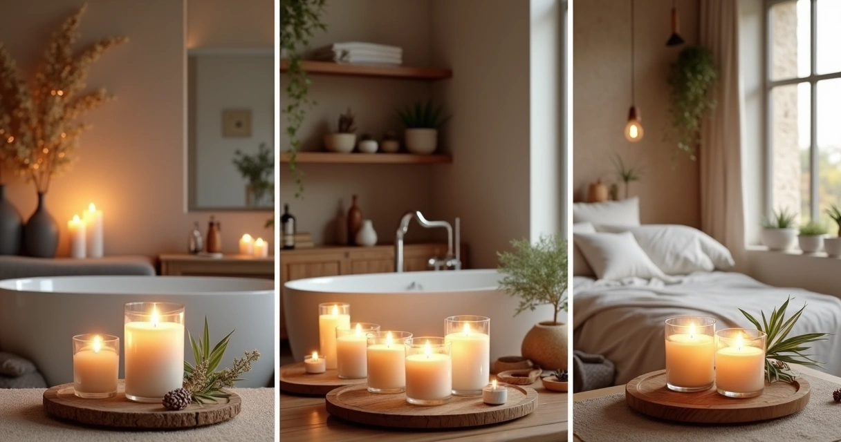 Velas aromáticas decorando sala, banheiro e quarto, criando ambientes acolhedores 
