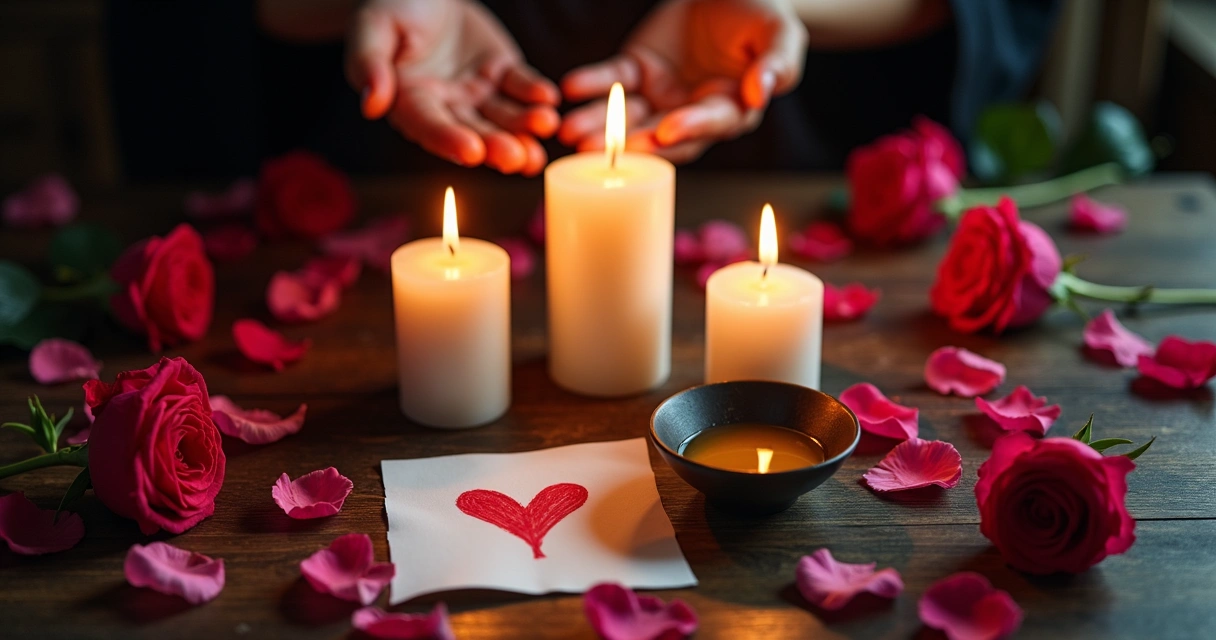 Velas brancas cercadas por pétalas de rosa e objetos esotéricos sobre pano holístico. 
