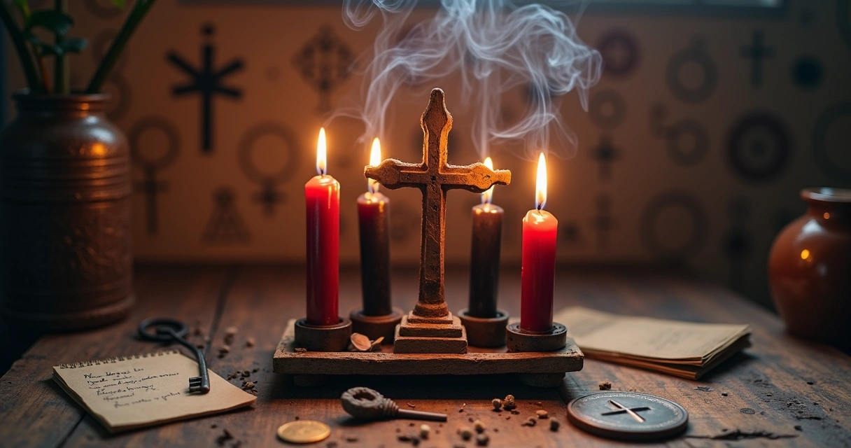 Quatro velas em cruz com fumaça, chave, tridente e moeda em altar de Exu 