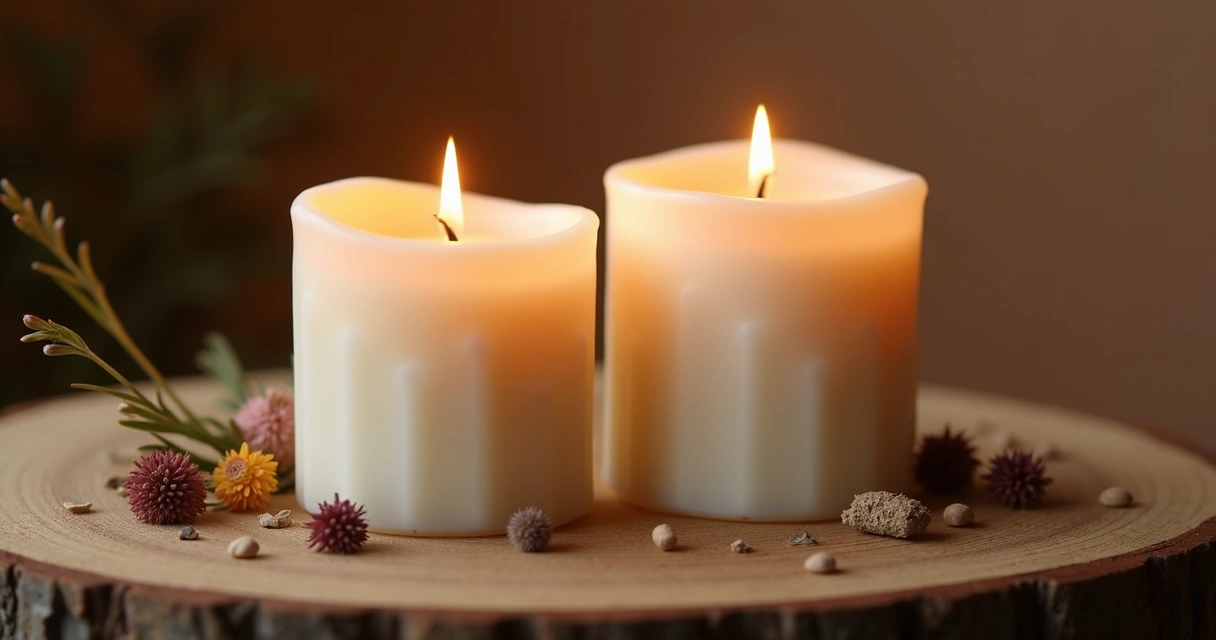 Velas artesanais de cera vegetal e parafina em base de madeira com iluminação suave 