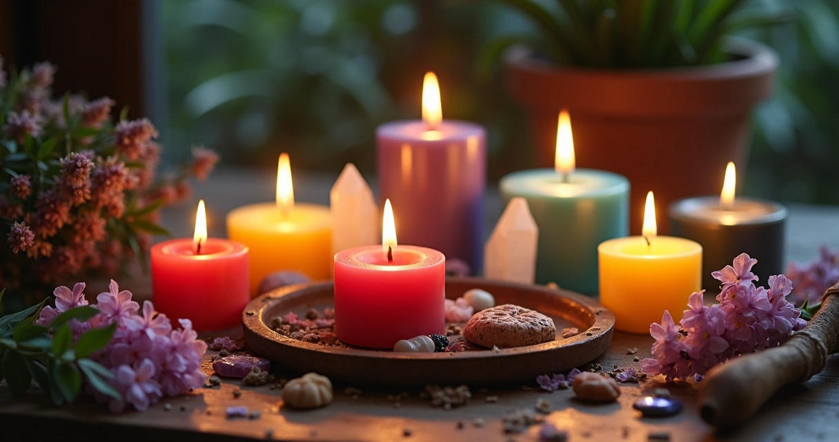 Várias velas coloridas acesas sobre um altar com cristais e flores 