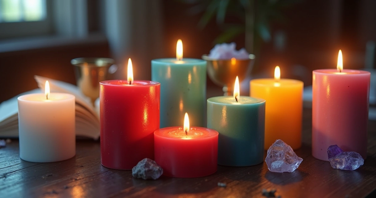 Velas coloridas lado a lado em superfície escura 