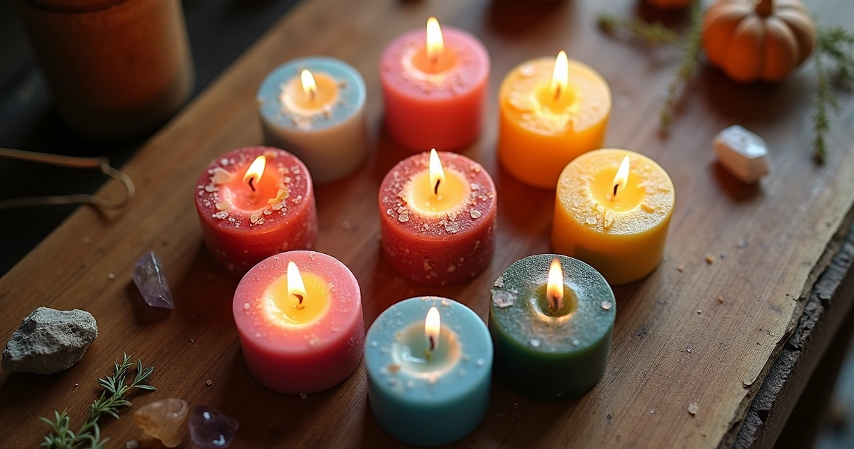 Velas coloridas acesas em círculo, cada uma representando uma intenção mística 