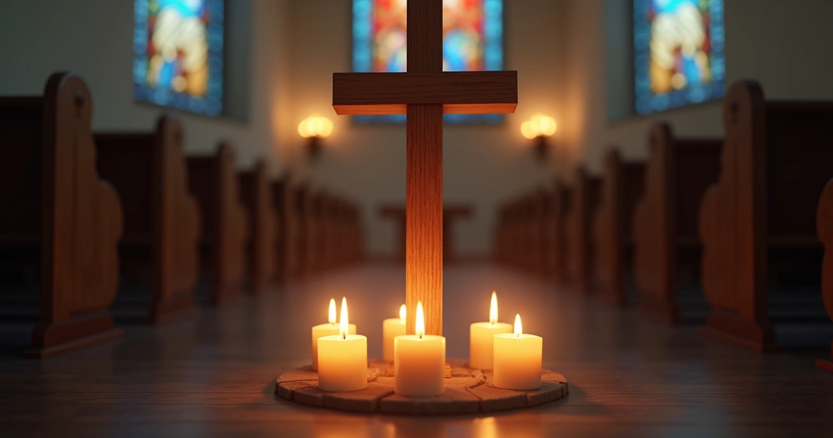 Velas acesas ao redor de uma cruz em interior de igreja com atmosfera de oração e reflexão 
