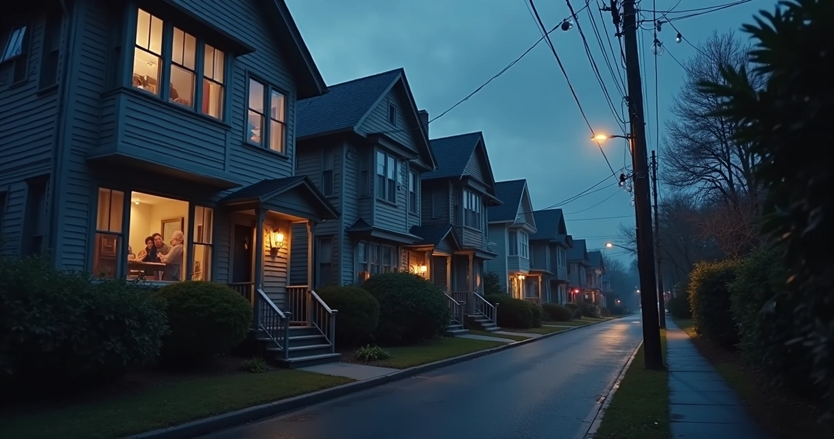 Janelas iluminadas em bairro ao anoitecer 