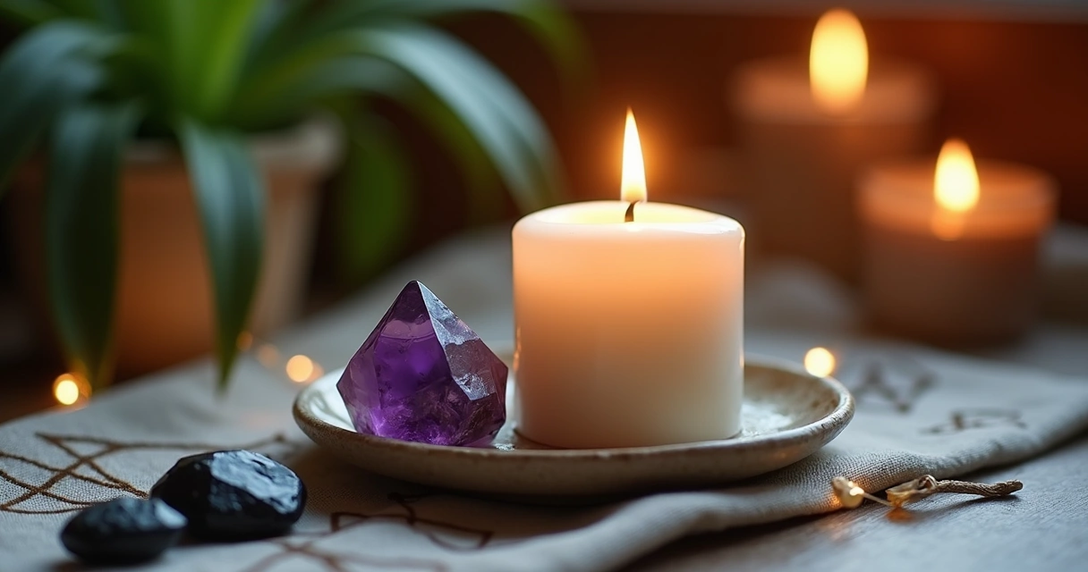 Vela branca acesa em ambiente místico ao lado de cristais 