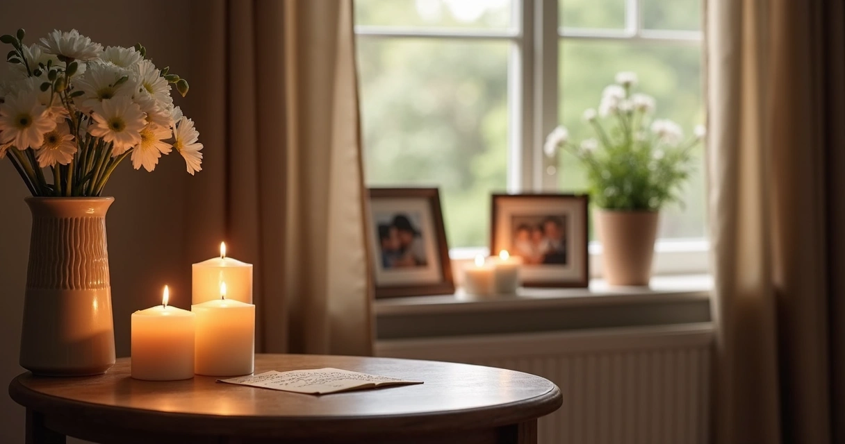 Velas encendidas y fotografías familiares sobre una mesa