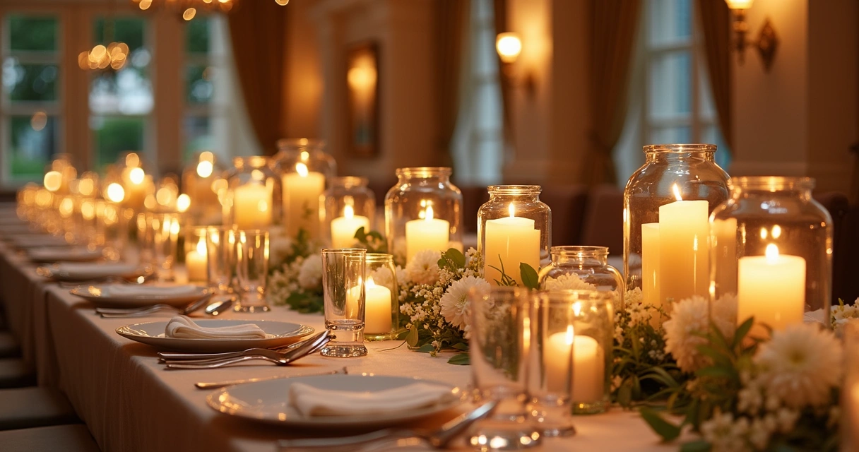 Velas aromáticas decorando mesa de casamento elegante. 
