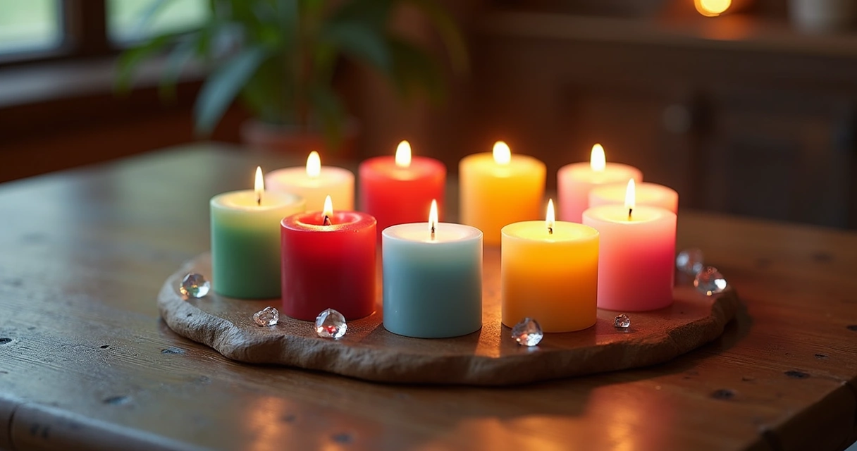 Mesa com velas de diferentes cores prontas para ritual 